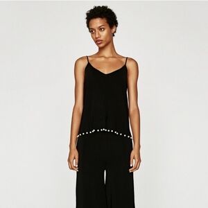 Zara Ribbed Spaghetti Strap V-Neck Long Thick Cami Pearl Hem Detail Black - sz S